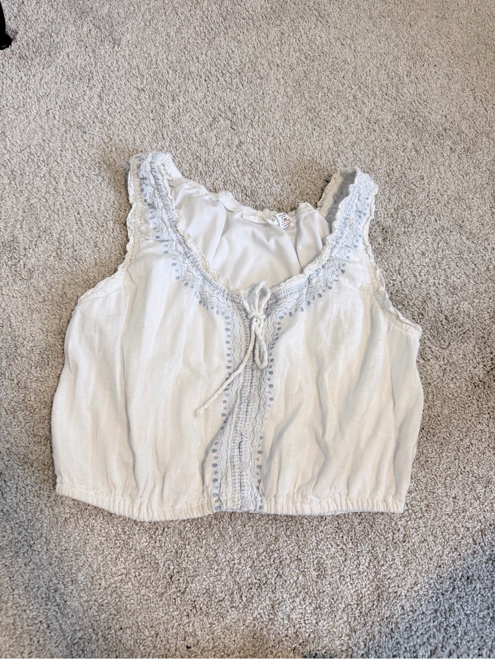 White Embroidered Cropped Tank Top with Front Tie